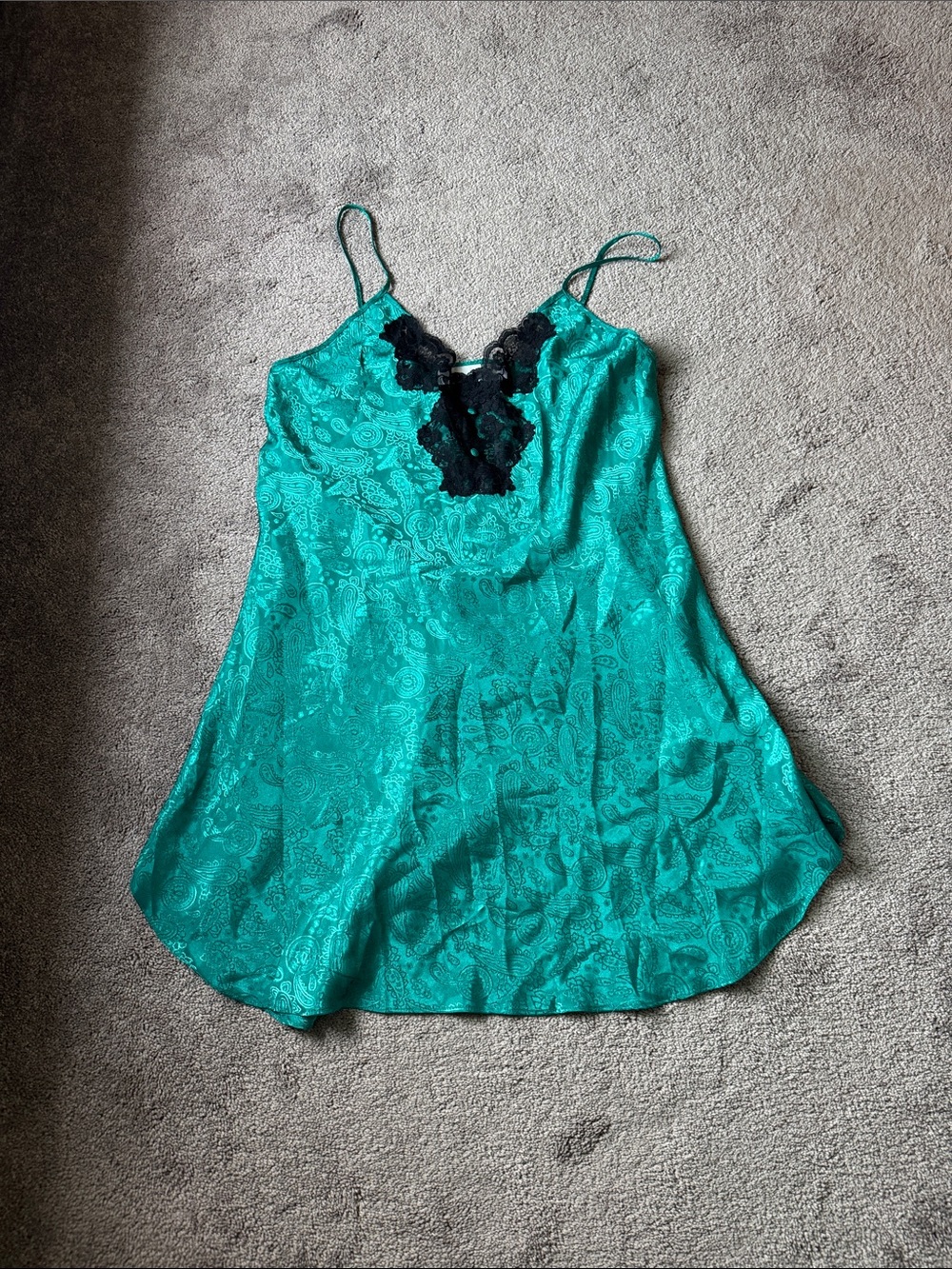 Intimate Pleasures Green Jacquard Paisley Satin Black Lace Chemise SIZE 14/16